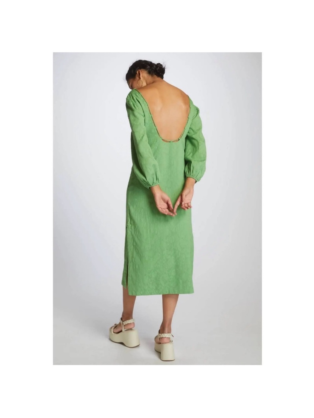 Maeve Anthropologie Green Jacquard Open Back Midi Dress Puff Sleeve US 10 - Picture 13 of 14